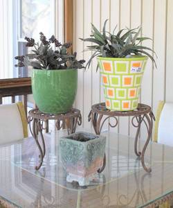 lot 3052 image: (2) Wrought Iron Plant Stands with Ceramic Pots and Plants