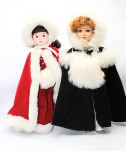lot 3191 image: (2) Porcelain Dolls - Ready for Winter Fun in Velvet and Fur Coats