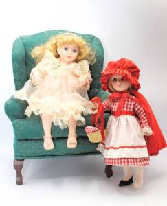lot 3195 image: Madame Alexander Little Red Riding Hood Doll, Green Upholstered Doll Armchair and Beautiful Blonde & Blue-Eyed Doll