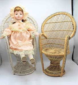 lot 3196 image: (2) Doll-Size Rattan Peacock Chairs and a Cute Porcelain Doll
