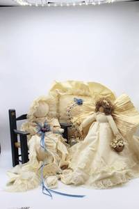 lot 3199 image: Corn Husk Angel Doll, Faceless Cloth Rag Doll, Doll Bench and Matching Decorative Pillow