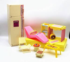 lot 3224 image: Vintage Barbie Furniture - Refrigerator (its all stocked), lounge chairs, Grill, Frisbee, Boombox wheadphones....