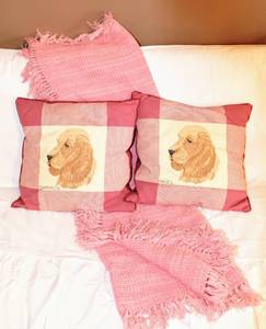 lot 3234 image: Two Pink Plaid Pillows with Golden Retriever Design and Pink Blanket Throw