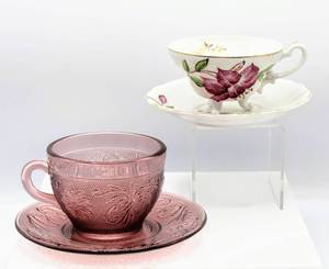 lot 3126 image: 2 Sets of Vintage Teacups and Saucers - Cranberry Colored Glass Set and Floral Hand Painted Japan Set