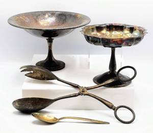 lot 3236 image: Oneida Silverplate Compote, Eales 1779 Silverplate Salad Tongs, Rogers & Bro. Reinforced Plate Spoon and Unmarked Silverplate Compote