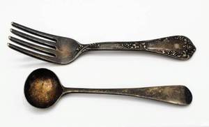 lot 3237 image: Reed & Barton VintageAntique Dinner Fork and Spoon with several Hallmark Symbols