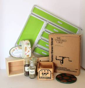 lot 3217 image: Assorted Kitchen Lot including Pampered Chef Apple Peeler Corer Slicer, Drawer Organizers, Trivet and Antique Spice Jars