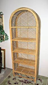 lot 3096 image: Vintage Wicker Bohemian Decorative Shelving Unit 72 Tall x 28 wide x 13 deep