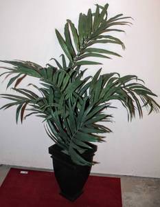lot 3243 image: Faux Potted Palm Plant in Tall Black Metal Pot 56 Tall
