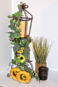 lot 3247 image: 30 Tall Candle Lantern with Sunflower Decor, Metal Candle Holder, Grass Basket and 2 Sunflower Citronella Candles
