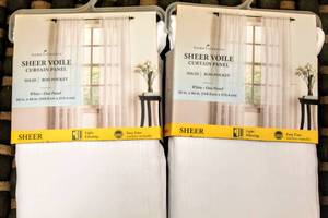 lot 3335 image: 2 Brand New White Sheer Curtain Panels In Package 59 x 84