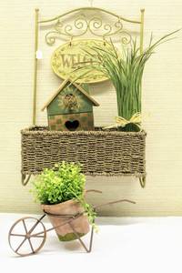 lot 3248 image: 22 welcome basket birdhouse and grass with small decor barrow and foliage