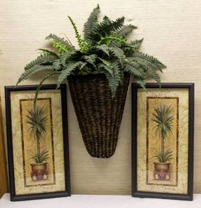lot 3249 image: Hanging Basket with Foliage 28 Tall x 11 wide and 2 Matching Home Interiors Framed Pictures 22 x 11