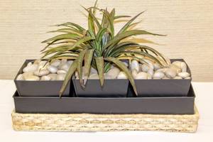 lot 3256 image: Home Interiors 21 x 7 Basket with Metal Planter Insert and 3 Metal Nesting Planters with Foliage Decor