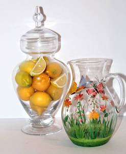 lot 3254 image: Lidded Glass Jar with Decorative Lemons and Hand Painted Glass Pitcher