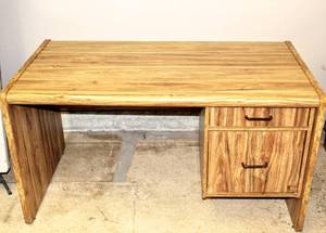 lot 3258 image: Heavy Faux Wood Desk 49.5 x 27 x 26.5 Tall with 1 Drawer and Closed Cabinet, Great Condition