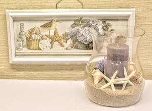 lot 3282 image: Bring the Beach Indoors... Framed Picture and Large Hurricane Vase with Sand, Sea Shells and Candle