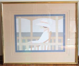 lot 3073 image: Vintage Framed Art - Woman Sitting on Deck by the Sea