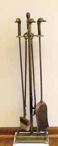 lot 3328 image: Vintage Mid-Century Brass Duck Heads Fireplace Tool Set