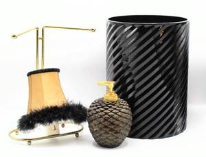 lot 3289 image: (4) Piece set of Bathroom Decor - Hand Towel Holder, Shaded Night Light, Pinecone Soap Dispenser and Nice Quality Black Waste Basket