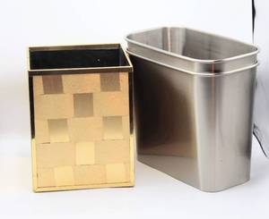 lot 3291 image: Gold on Gold Tone Pattern Waste Can and (2) Threshold Stainless Waste Baskets