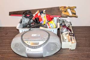 lot 3402 image: Garage and Household Finds including Handsaw, Power Strip, Boombox, Hand Sander, Metal Funnel and other miscellaneous finds...