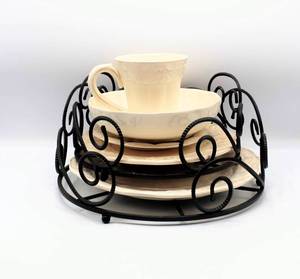 lot 3322 image: Home Interiors Better Homes & Garden Collection - Black Iron Plate Holders and Ivory Plates, Bowl & Mug
