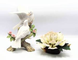 lot 3325 image: Masterpiece Porcelain 1993 Loves Song Pair of Doves Figurine and Home Interiors Delicate Beauty Flower Figurine