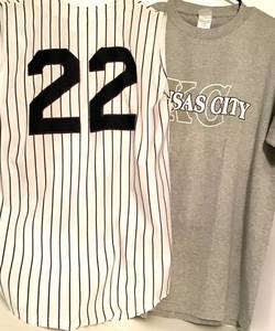 lot 3157 image: KC Royals Tee (size L) and Striped B Baseball Jersey Top (size L) and Pants (size M)