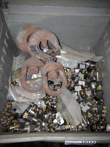 lot 10113 image: Two Swivel Hooks and Bin of Plug In Switches
