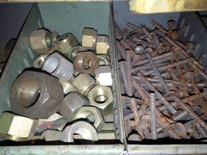 lot 10145 image: Bins of Nuts (Some Brass) & Rivets