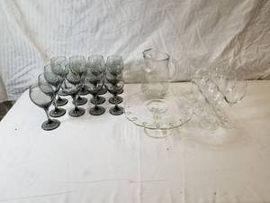 lot 9128 image: Lot of Glassware, Cake Stand, Water Pitcher and Wine Glasses
