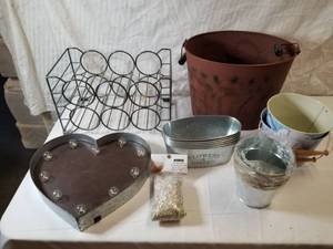 lot 9130 image: Lot of Metal Decor, Flower and Garden Tins, Wine Rack, Heart Light and More
