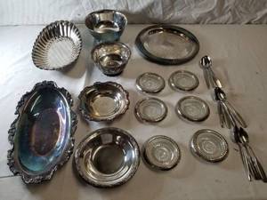 lot 9149 image: Lot Of Silver Plated Dishwear , Plates , Platters , Ashtrays, Serrated Spoons and Bowls
