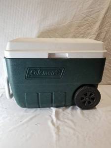 lot 9152 image: Coleman Green Cooler With Wheels And Handle