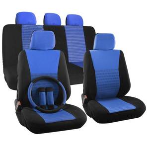 lot 34202 image: Polyester Seat Covers Set 26 in. L x 21 in. W x 48 in. H 17-Piece Seat Cover Set Wide Stripe Black and Blue, Black Blue