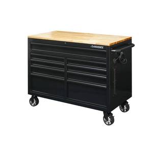 lot 34884 image: Husky 46 in. W x 24.5 in. D 9-Drawer Mobile Workbench with Solid Wood Top in All Black Finish, Retail Price  $398