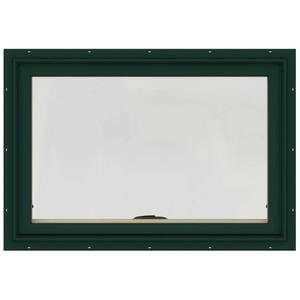 lot 34965 image: (10) JELD-WEN 36 in. x 24 in. W-2500 Series Green Painted Clad Wood Awning Window w Natural Interior and Screen, $299 Per Window On Retail