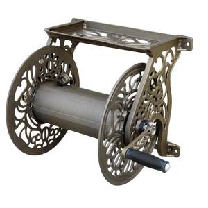 lot 34991 image: Liberty Garden Products Decorative Non-Rust Cast Aluminum Wall Mounted Garden Hose Reel With 125-Foot Capacity - Antique Finish 704