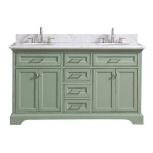 lot 35114 image: Home Decorators Collection Windlowe 61 in. W x 22 in. D x 35 in. H Bath Vanity in Green with Carrera Marble Vanity Top in White with White Sink.Retail Price at 1,200$