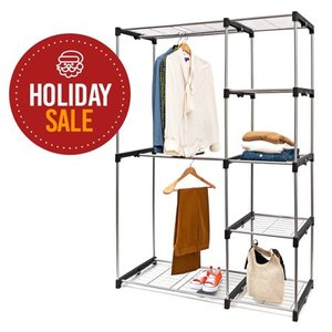 lot 5015 image: Deluxe Double Rod Closet Organizer Freestanding Wardrobe Rack - Silver