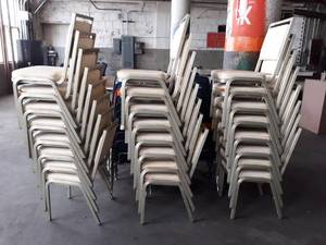 lot 7789 image: Lg Lot of Stackable Metal  Upholstered Chairs