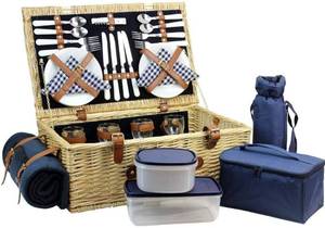 lot 15878 image: Large Willow Picnic Basket with Deluxe Service Set for 4 Persons, Natural Wicker Picnic Hamper with Food Cooler, Wine Cooler, Free Fleece Blanket and Tableware