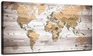 lot 15882 image: World Map Wall Art for Office Vintage Wood Grain World Map Poster Canvas Prints with Your Photos Nautical Decor Modern Framed Art Map of The World Wall Art for Living Room Travel Memory Home Decor