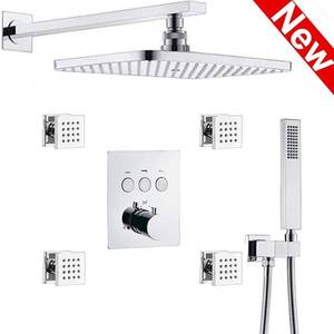 lot 15972 image: AYIVG Thermostatic Brass Rectangular 12 x 8 Inch Rainfall Shower System With 4 PCS Body Jets Mixer Set (Chrome)
