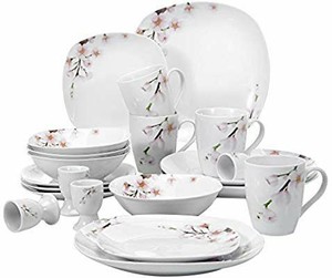 lot 15885 image: VEWEET 20-Piece Square Porcelain Dinnerware Sets Service for 4 Ivory White Floral Pattern Dinner Plate Sets Bowl Set (ANNIE Series)