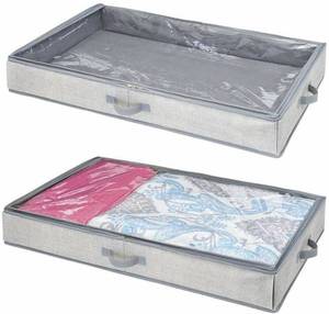 lot 15892 image: mDesign Soft Fabric Under Bed Storage Organizer Holder Bag for Clothing, Accessories, Linen - Easy-View Top Panel, Attached 2-Way Zippered Lid, Side Handles - 2 Pack - Gray