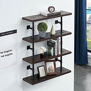 lot 15895 image: FurniChoi Rustic Wall Pipe Shelf, Wood and Metal Floating Shelf, Industrial Hanging Display Shelf for Home and Office Organizer, 4 Tier, Espresso