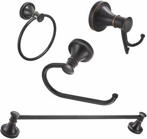 lot 15936 image: BESy Oil Rubbed Bronze 4 Piece Bathroom Accessories Set (Single Towel Bar, Towel Ring, Toilet Paper Holder, Double Towel Hooks), Wall Mounted Bath Hardware Accessory Fixtures Set
