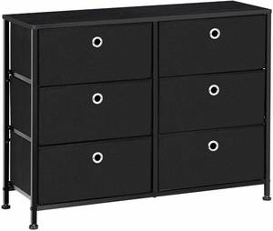 lot 15966 image: SONGMICS 3-Tier Wide Drawer Dresser, Storage Unit with 6 Easy Pull Fabric Drawers, Metal Frame, and Wooden Tabletop, for Closet, Nursery, Dorm Room, Hallway, 31.5 x 11.8 x 24.8 Inches, Black ULTS23H